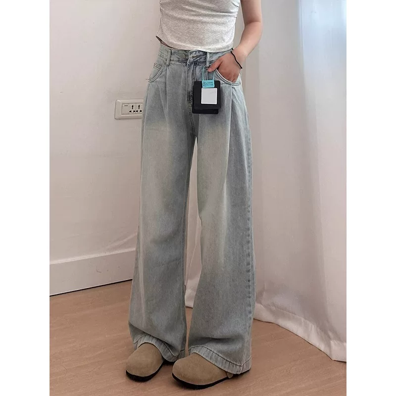 Quần jean ống đứng màu xanh nhạt dành cho nữ, mùa thu, cỡ lớn, lưng cao, dáng rộng, tôn dáng, dáng quả lê, quần ống rộng, dài chạm sàn
