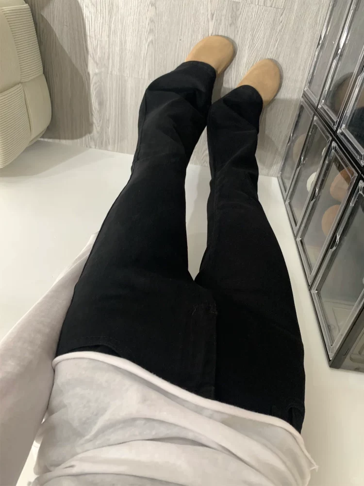 Quần jean ống loe dày lót lông cừu màu đen dành cho nữ, phong cách thu đông, cỡ lớn, lưng cao, co giãn, che hông, quần ống loe thon gọn.