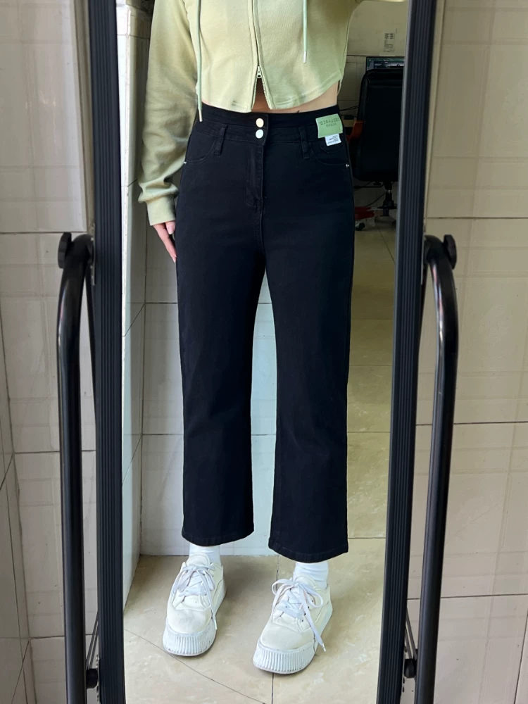 Quần jean ống đứng cho nữ, đầu thu, cỡ lớn, lưng cao, co giãn, che hông, giảm béo, dáng quả lê, quần thuốc lá ngắn