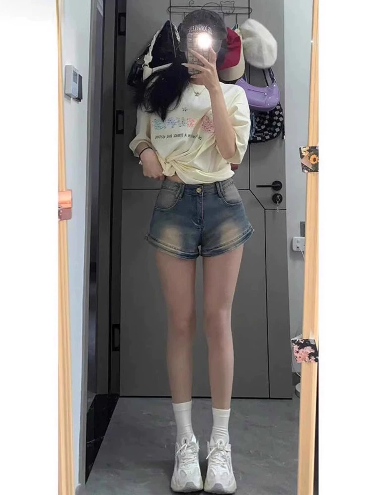 Quần short denim cổ điển kiểu Mỹ dành cho nữ, phong cách mới mùa hè, cỡ lớn, lưng cao, co giãn, che hông, quần bó sát dáng chữ A nâng mông.