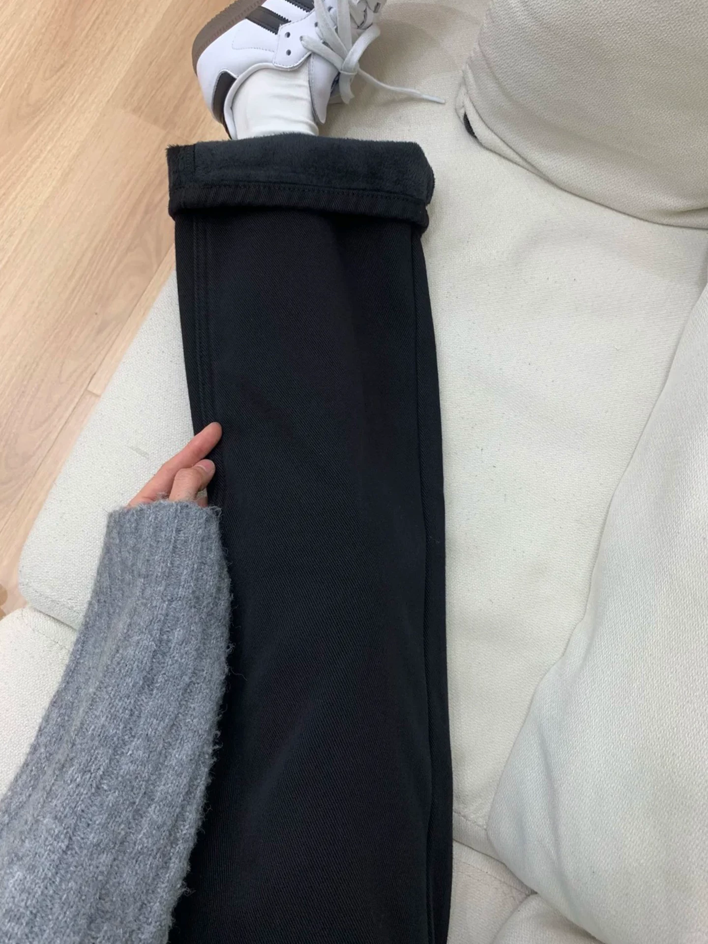 Quần jean ống đứng lót lông màu đen dành cho nữ, mùa đông, cỡ lớn, lưng cao, co giãn, giảm béo, dáng quả lê, quần ống rộng hẹp