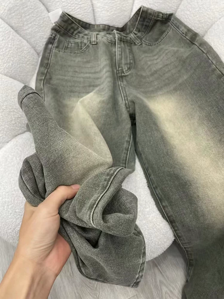 Quần jean ống đứng cổ điển màu xanh bạc hà dành cho nữ, đầu thu, cỡ lớn, lưng cao, dáng rộng, dáng rộng, quần ống rộng dáng rộng