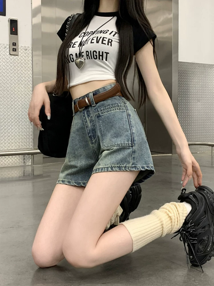 Quần short denim dáng lê dành cho nữ, kiểu dáng mỏng mùa hè, cỡ lớn, lưng cao, dáng rộng, che hông, quần ống rộng chữ A tôn dáng