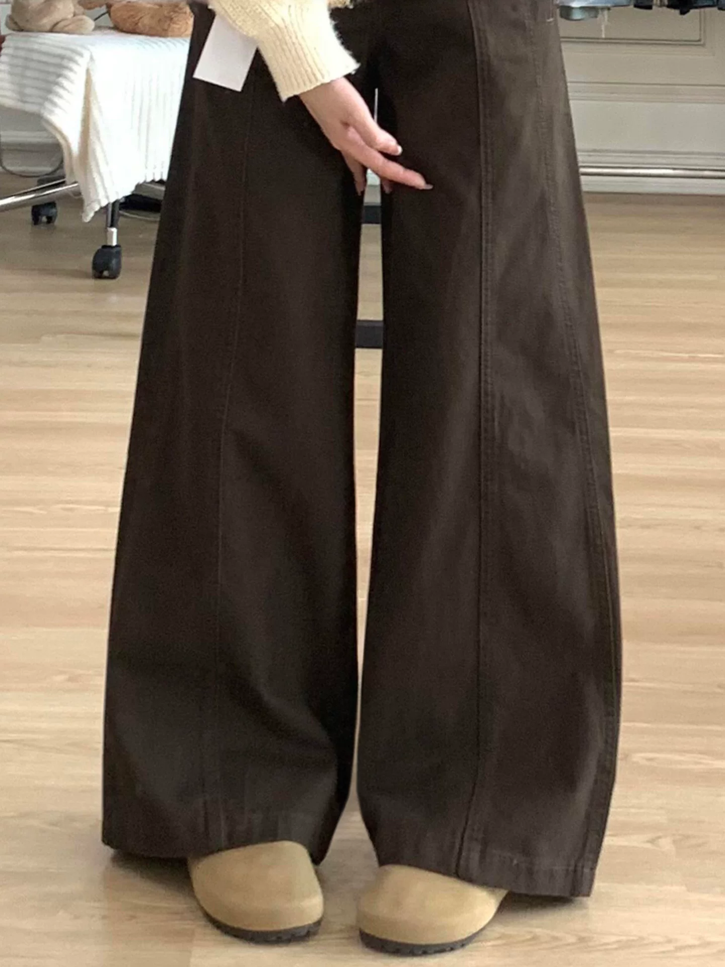 Quần jean ống đứng màu cà phê Melard dành cho nữ, mùa thu đông, cỡ lớn, lưng cao, dáng rộng, giảm béo, dáng quả lê, quần ống rộng