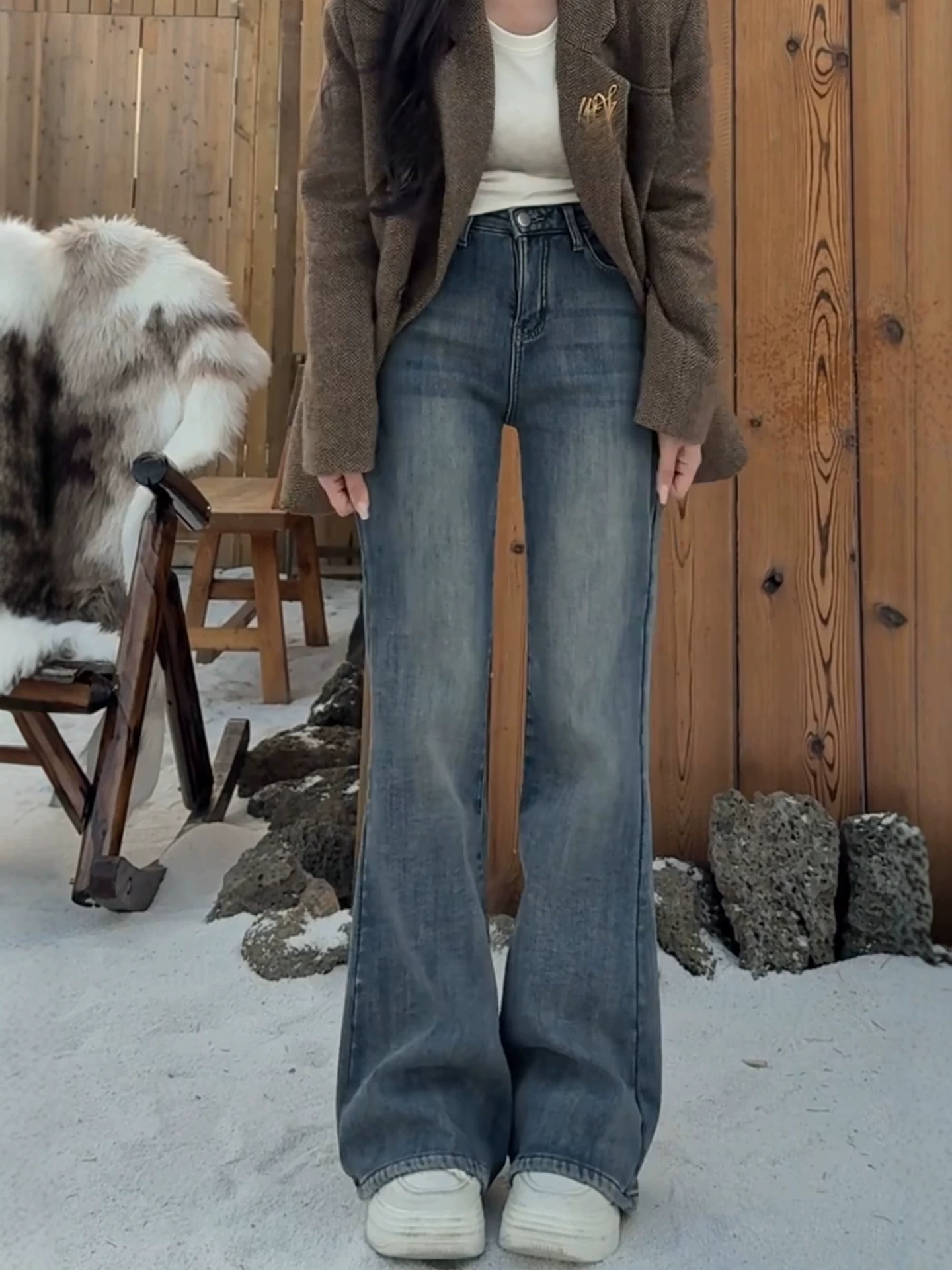 Quần jean nữ ống loe cạp cao cổ điển, thu đông, size lớn, lót lông cừu, dày dặn, tôn dáng, che hông, quần dài ống loe