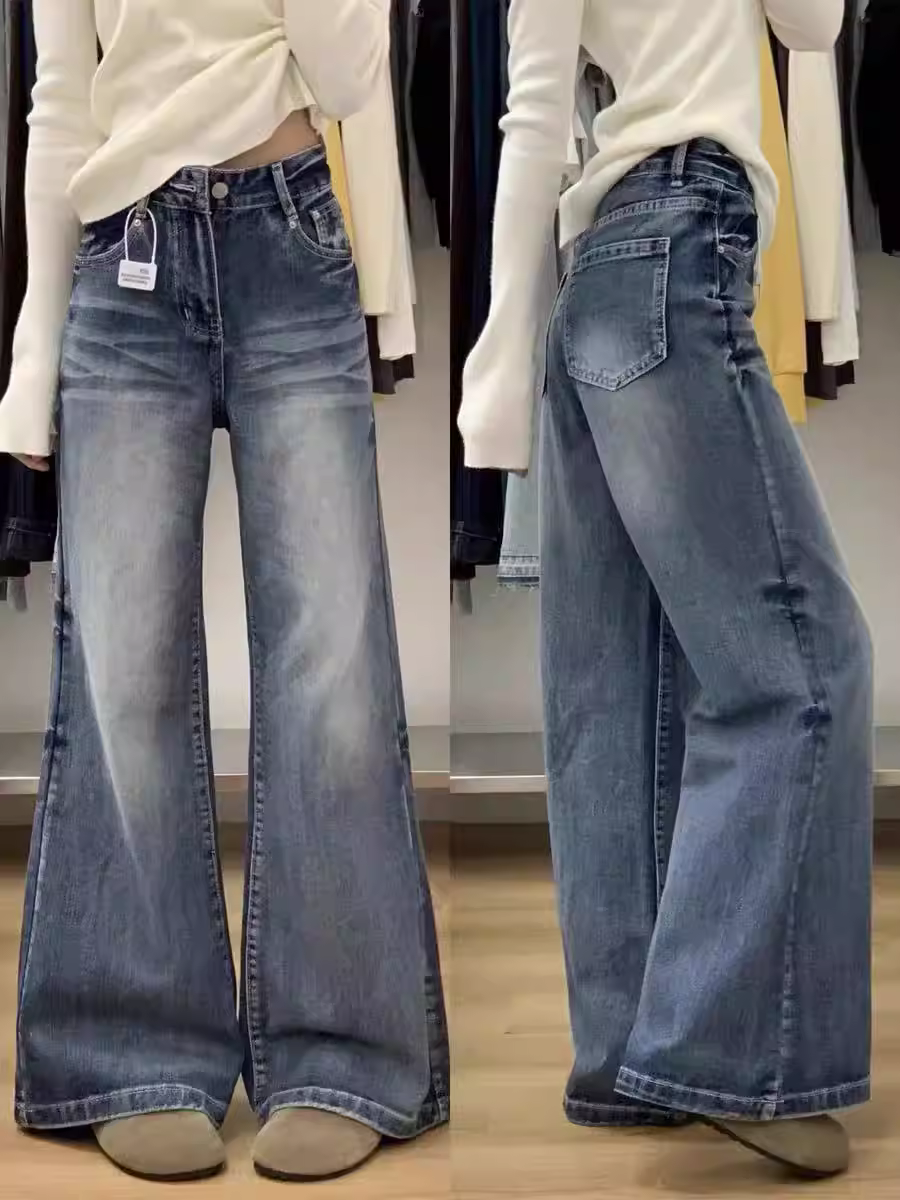 Quần jean ống loe kiểu Mỹ dành cho nữ, bộ sưu tập mùa xuân mới, cỡ lớn, lưng cao, dáng rộng, thon gọn, ống chuông, ống thẳng, quần dài chạm sàn