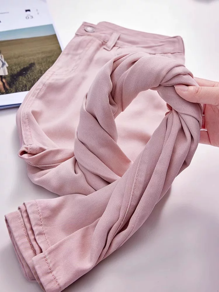 Quần jean Tencel màu hồng dành cho nữ, cỡ lớn mùa hè, lưng cao, dáng rộng, thon gọn, dáng quả lê, quần ống rộng bằng vải lụa băng