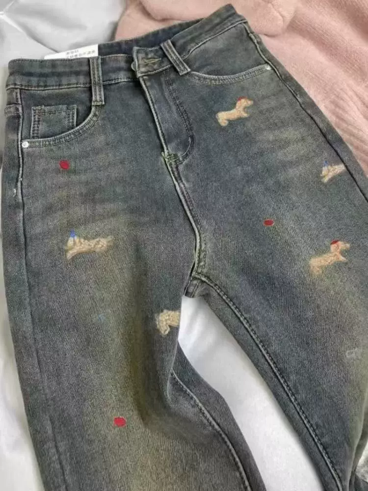 Quần jean ống loe lót lông cừu thêu Dachshund dành cho nữ, mùa thu đông, cỡ lớn, lưng cao, co giãn, che hông, quần ống loe giảm béo