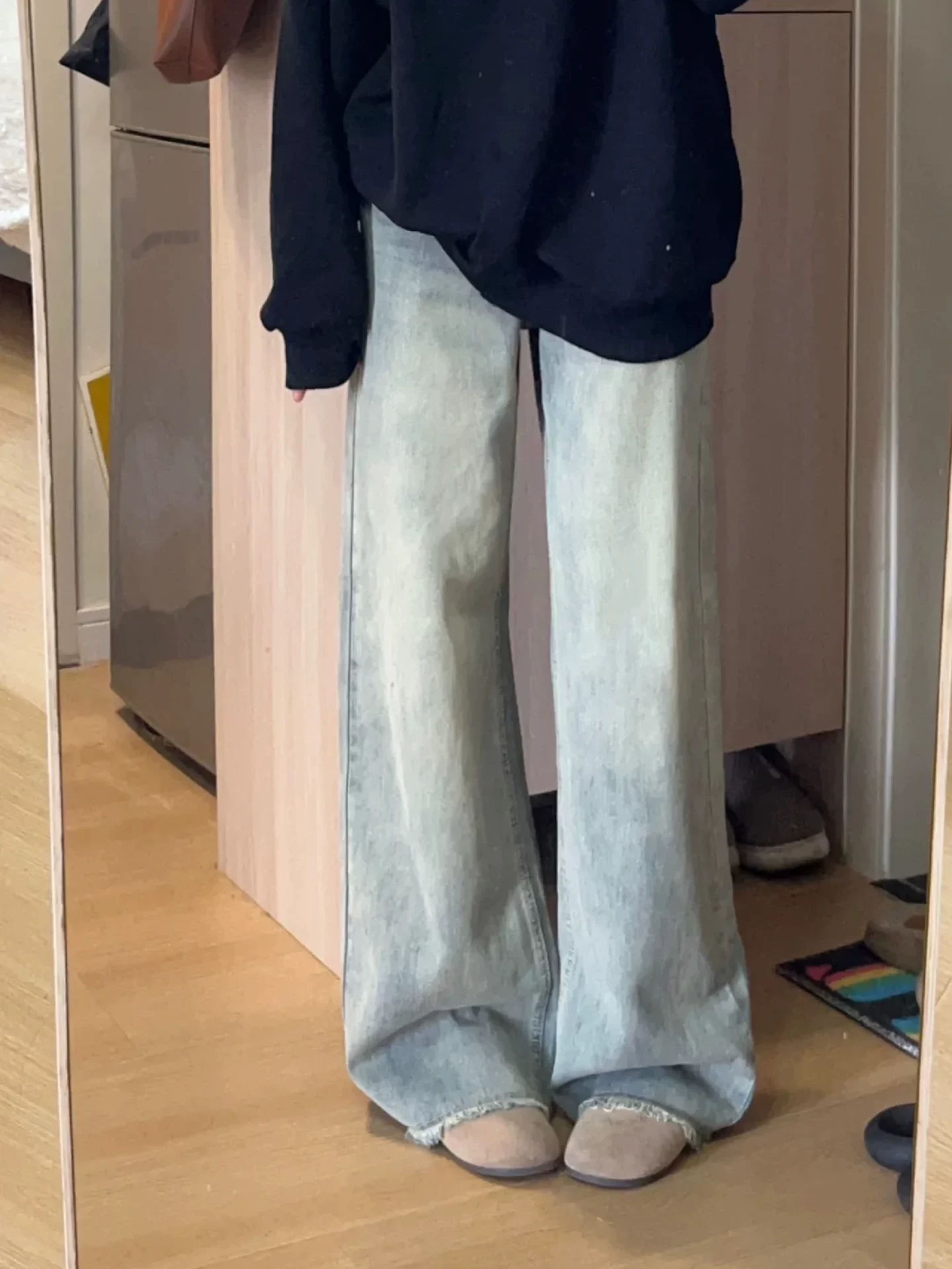 Quần jean ống rộng tua rua cổ điển dành cho nữ, phong cách mùa thu mới, cỡ lớn, lưng cao, dáng rộng, mềm mại, quần ống thẳng giúp thon gọn