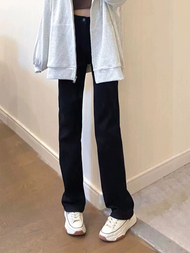 Quần jean ống thẳng dáng quả lê dành cho nữ, cỡ lớn, lót lông cừu, lưng cao, co giãn, che hông, giảm béo, quần ống rộng hẹp