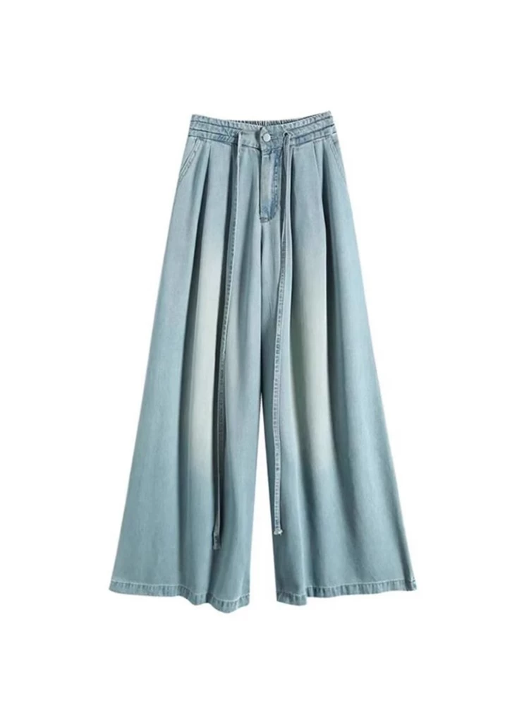 Quần jeans Tencel nữ hè 2025 mỏng, size lớn, cạp cao, dáng rộng, tôn dáng, phong cách lười, ống rộng, dài chạm sàn