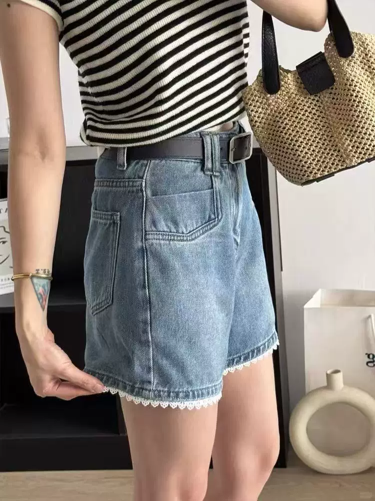 Quần short denim viền ren dành cho nữ, phong cách mùa hè, cỡ lớn, lưng cao, co giãn, che hông, giảm béo, quần ống rộng chữ A.
