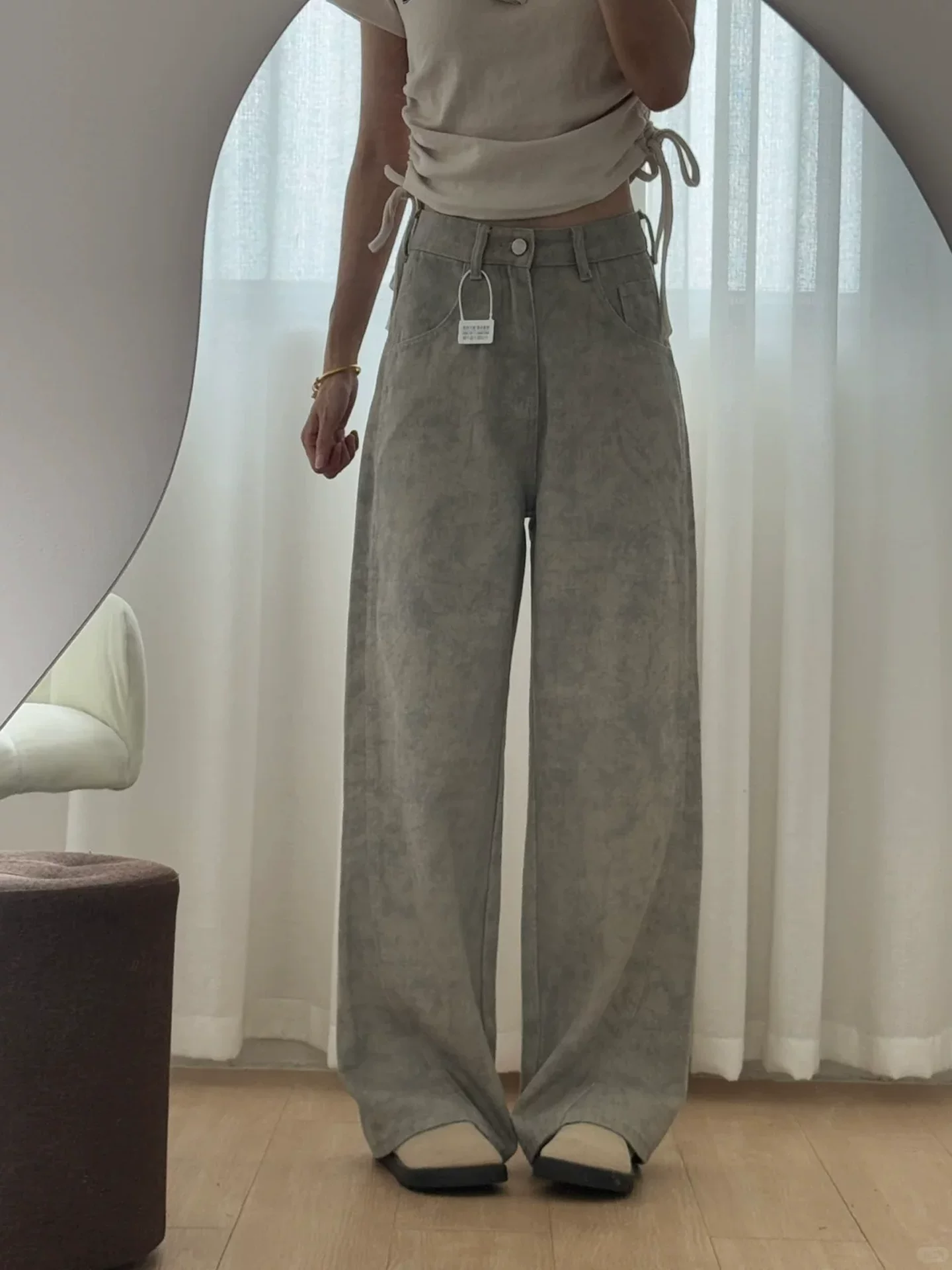 Quần jean ống đứng nhuộm màu cổ điển dành cho nữ, mùa thu, cỡ lớn, lưng cao, dáng rộng, che hông, giảm béo, quần ống rộng kiểu kiếm