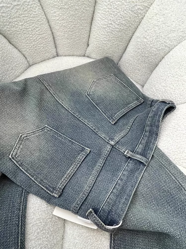 Quần jean ống thẳng họa tiết ngôi sao màu xanh cổ điển dành cho nữ, đầu thu, cỡ lớn, lưng cao, dáng rộng, che hông, giảm béo, quần ống rộng