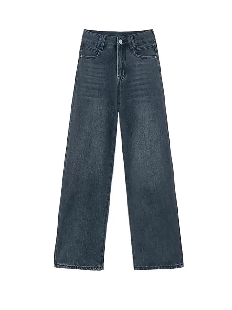 Quần jean nữ ống đứng màu xanh cổ điển, kiểu mới thu đông 2025, size lớn, cạp cao, che hông, tôn dáng, quần ống rộng ôm dáng.