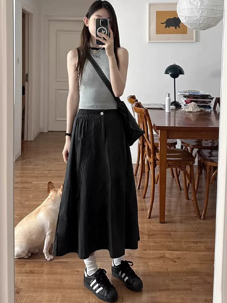 Váy công sở kiểu Mỹ dành cho nữ, cỡ lớn mùa hè, cạp cao, che hông, váy chữ A che hông, dáng dài vừa phải, váy nhanh khô.