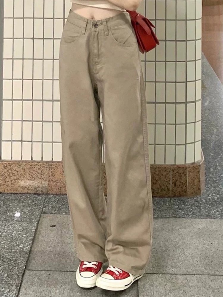 Quần jean ống đứng màu kaki cỡ lớn dành cho nữ, phong cách đầu thu, dáng quả lê, lưng cao, dáng rộng, quần ống rộng giúp giảm béo.