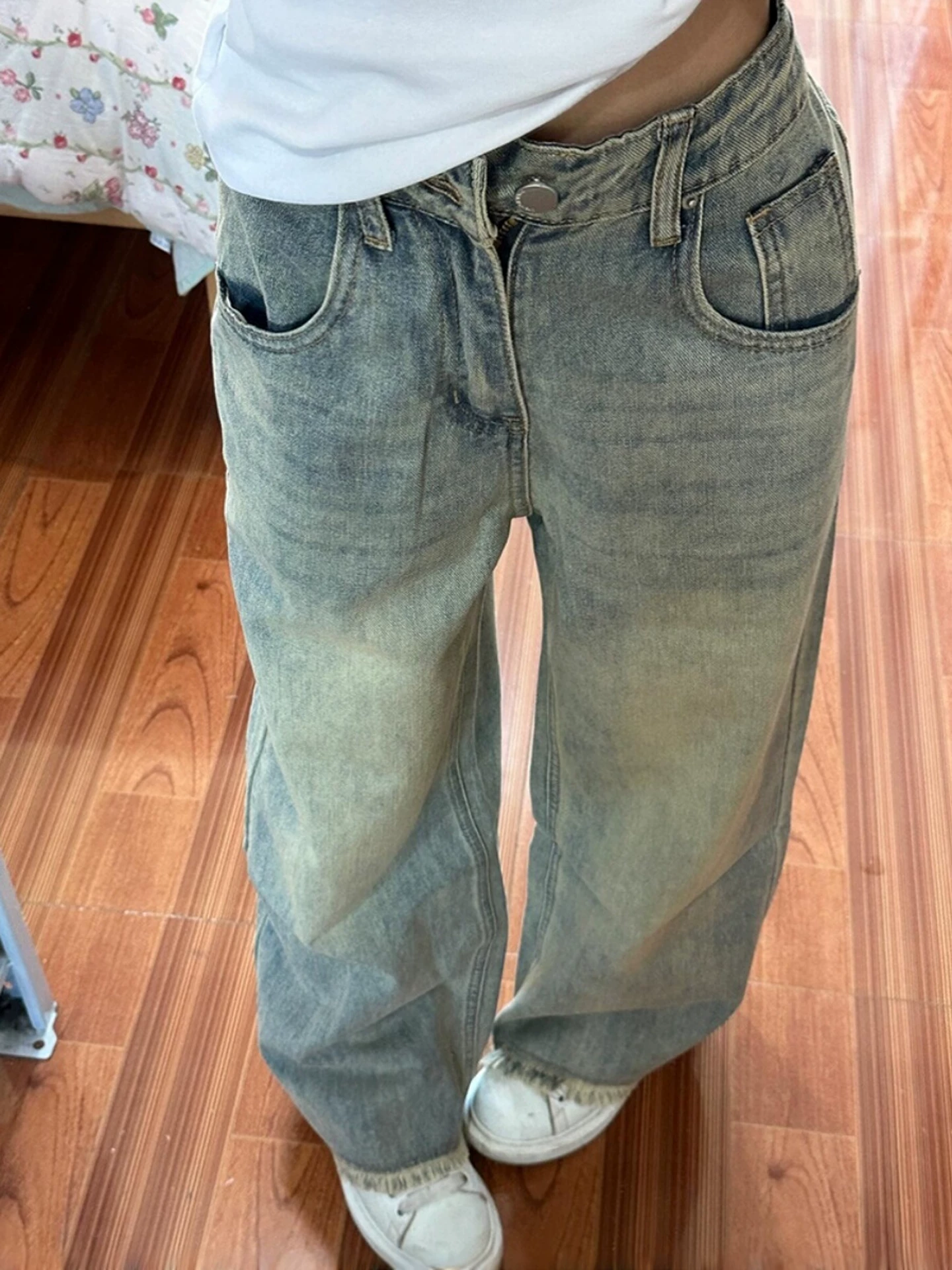 Quần jean ống rộng kiểu Mỹ cổ điển dành cho nữ, đầu thu, cỡ lớn, lưng cao, dáng rộng, giảm béo, dáng quả lê, quần ống thẳng