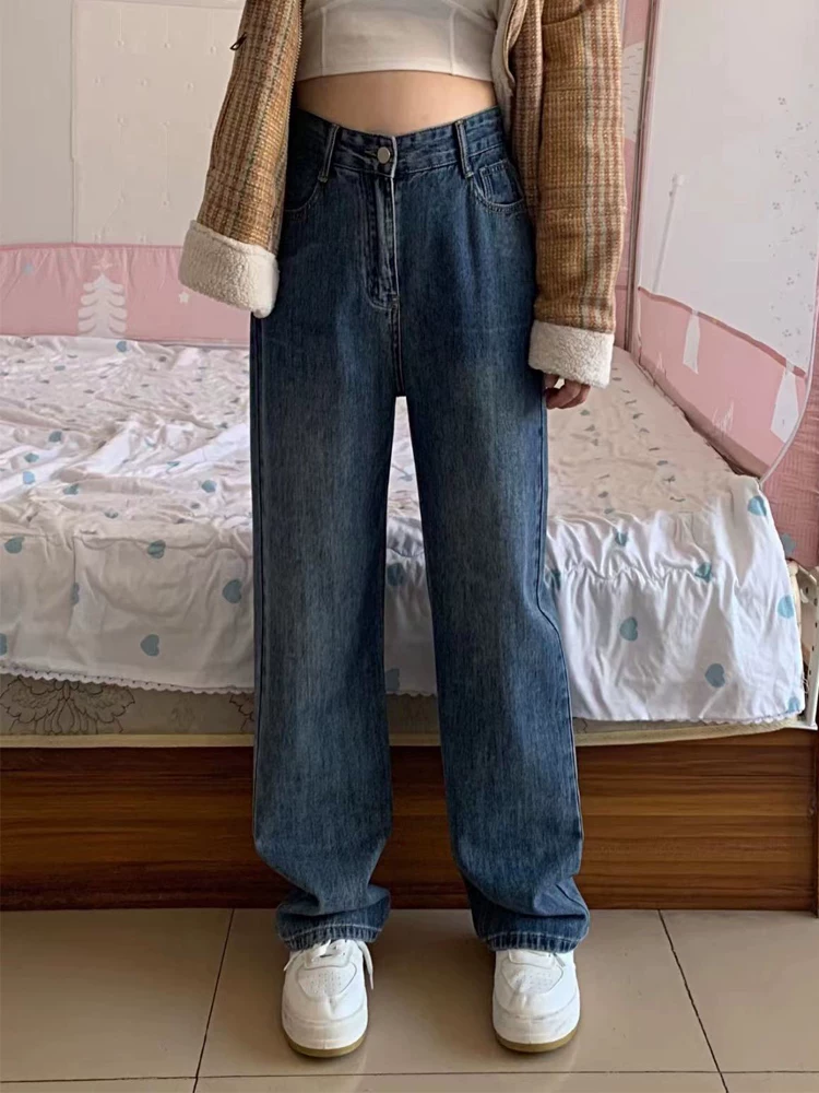 Thân hình quả lê, hông và đùi dày, quần jean ống thẳng cho nữ, phong cách đầu thu, cỡ lớn, lưng cao, rộng rãi, giảm béo, quần ống rộng