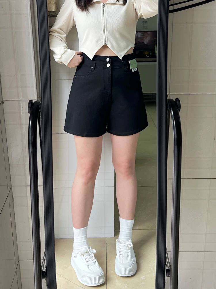 Quần short denim dáng quả lê dành cho nữ, kiểu dáng mỏng mùa hè, cỡ lớn, lưng cao, co giãn, che hông, quần ống rộng chữ A tôn dáng