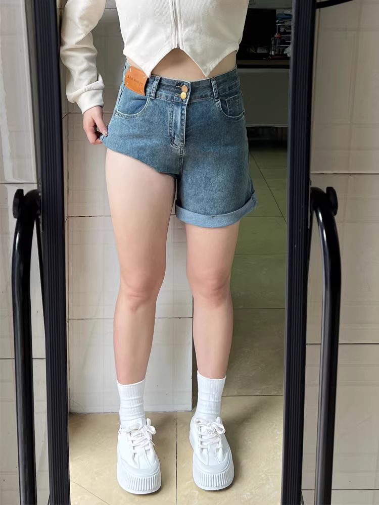 Thân hình quả lê, quần short denim viền cuốn dành cho nữ, cỡ lớn mùa hè, lưng cao, co giãn, che hông, quần ống rộng chữ A tôn dáng