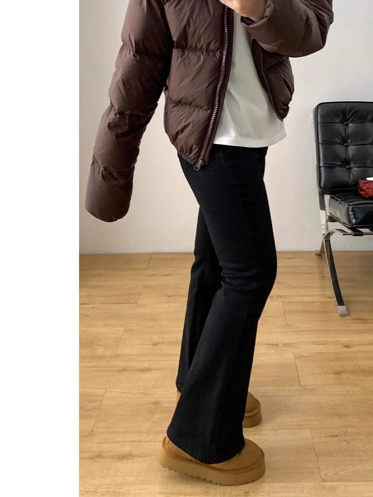 Quần jean ống loe cho nữ, mùa thu đông, lót lông cừu, cỡ lớn, lưng cao, giảm béo, dáng quả lê, phong cách đầu xuân, quần ống loe co giãn