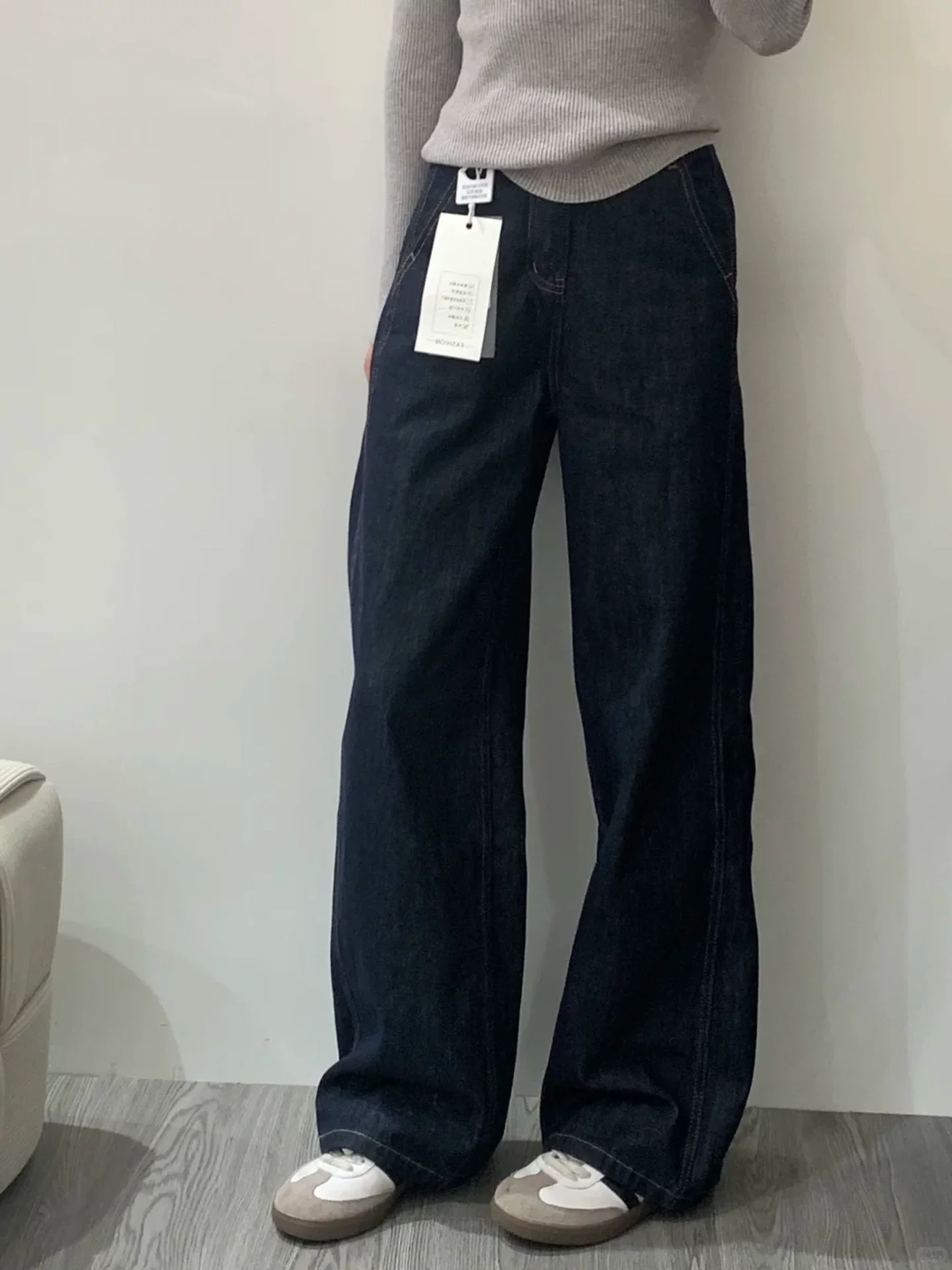 Quần jean ống đứng màu xanh đậm dành cho nữ, mùa thu, cỡ lớn, lưng cao, che hông, giảm béo, dáng quả lê, quần ống rộng