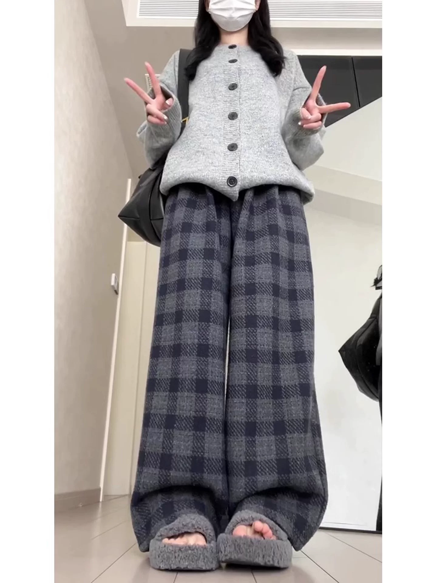 Quần ống rộng kẻ sọc len dành cho nữ, mùa thu đông, cỡ lớn, lót lông cừu, dày dặn, lưng cao, dáng rộng, mềm mại, tôn dáng, quần dài thường ngày.