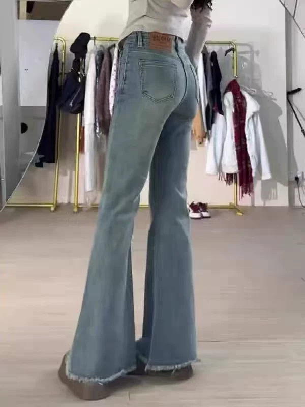 Quần jean ống loe viền thô dành cho nữ, mùa xuân, size lớn, cạp cao, co giãn, che hông, tôn dáng, dành cho người có dáng quả lê, quần ống loe