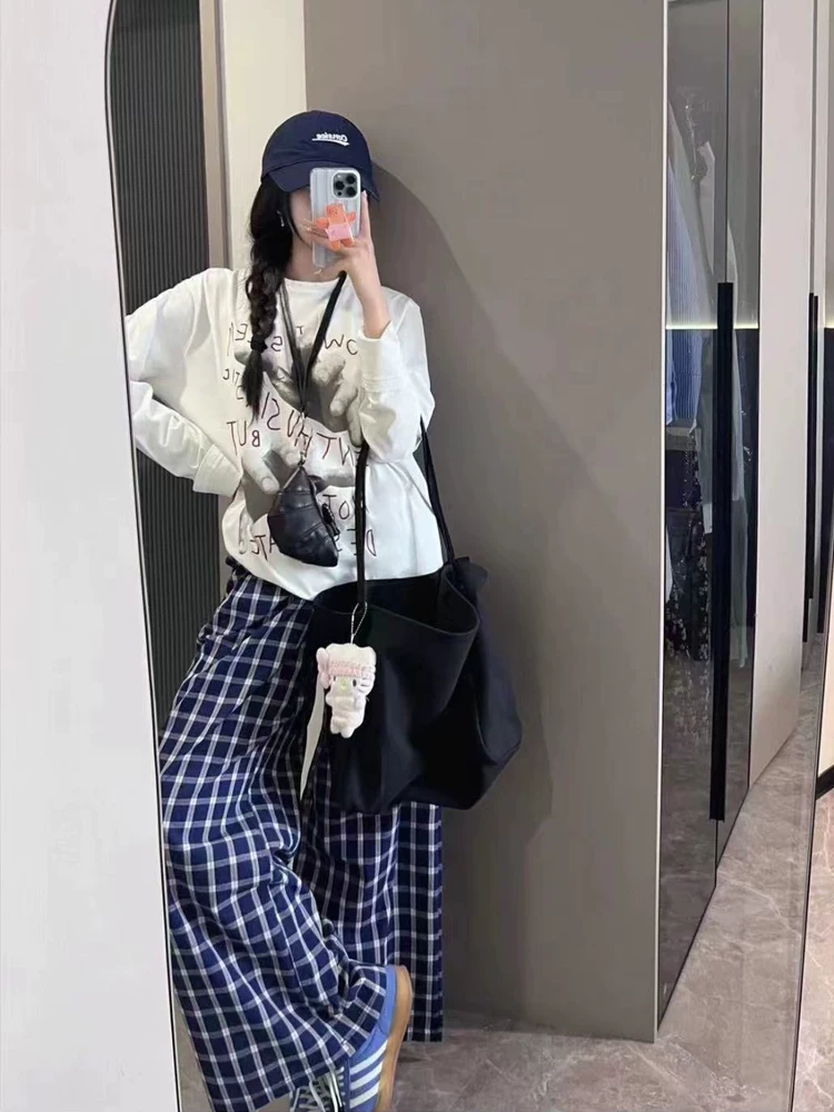 Quần âu kẻ sọc xanh cổ điển dành cho nữ, đầu thu, cỡ lớn, lưng cao, dáng suôn, tôn dáng, dáng thẳng, ống rộng, quần dài chạm sàn