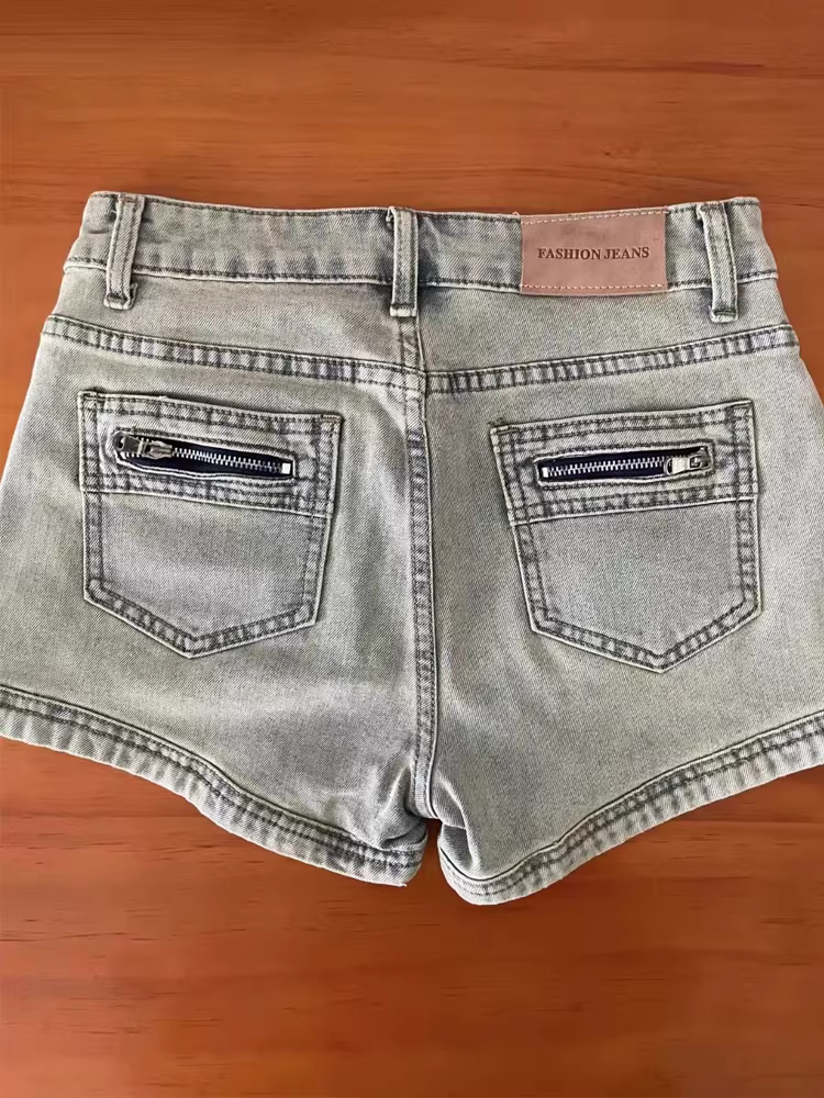 Thân hình quả lê, quần short denim cổ điển kiểu Mỹ, thiết kế mùa hè dành cho nữ cỡ lớn, quần cạp cao, quần chữ A tôn dáng