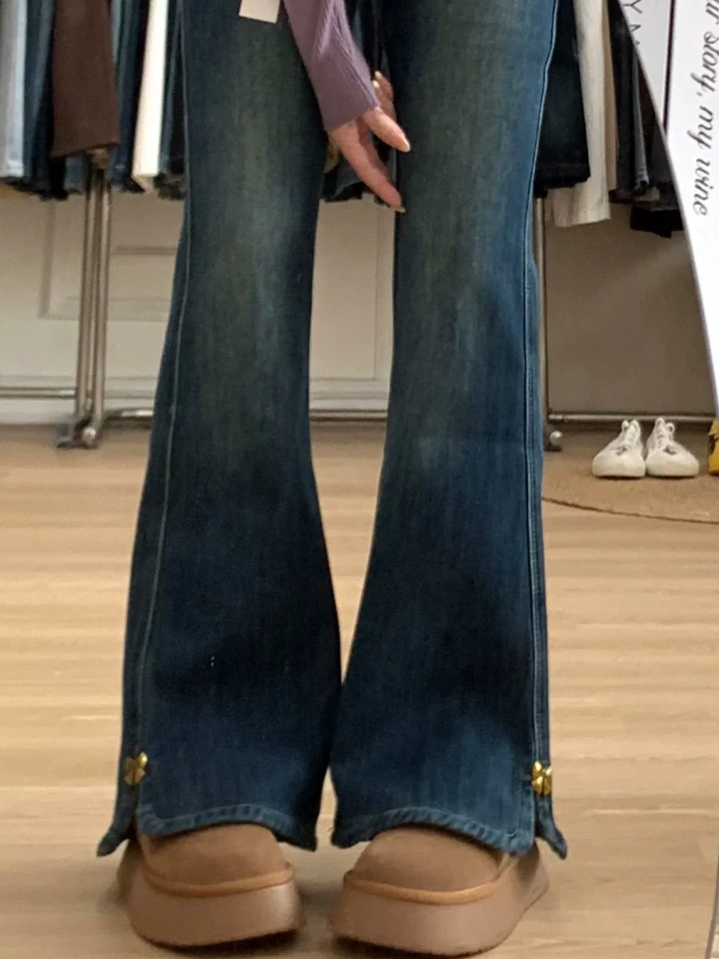 Quần jean ống loe cổ điển dành cho nữ, lót lông cừu mùa đông, dày, cỡ lớn, cạp cao, co giãn, không bó sát, quần ống chuông.