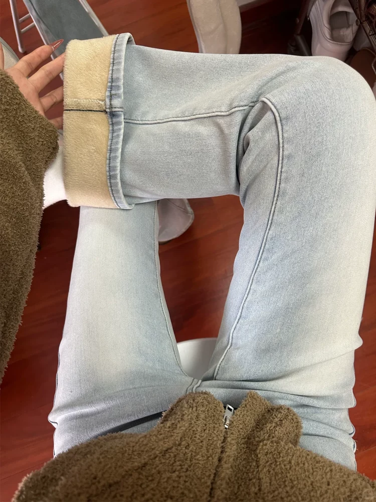 Quần jean ống loe dày lót lông cừu dành cho nữ, mùa thu đông, cỡ lớn, lưng cao, co giãn, giảm béo, dáng quả lê, quần ống chuông