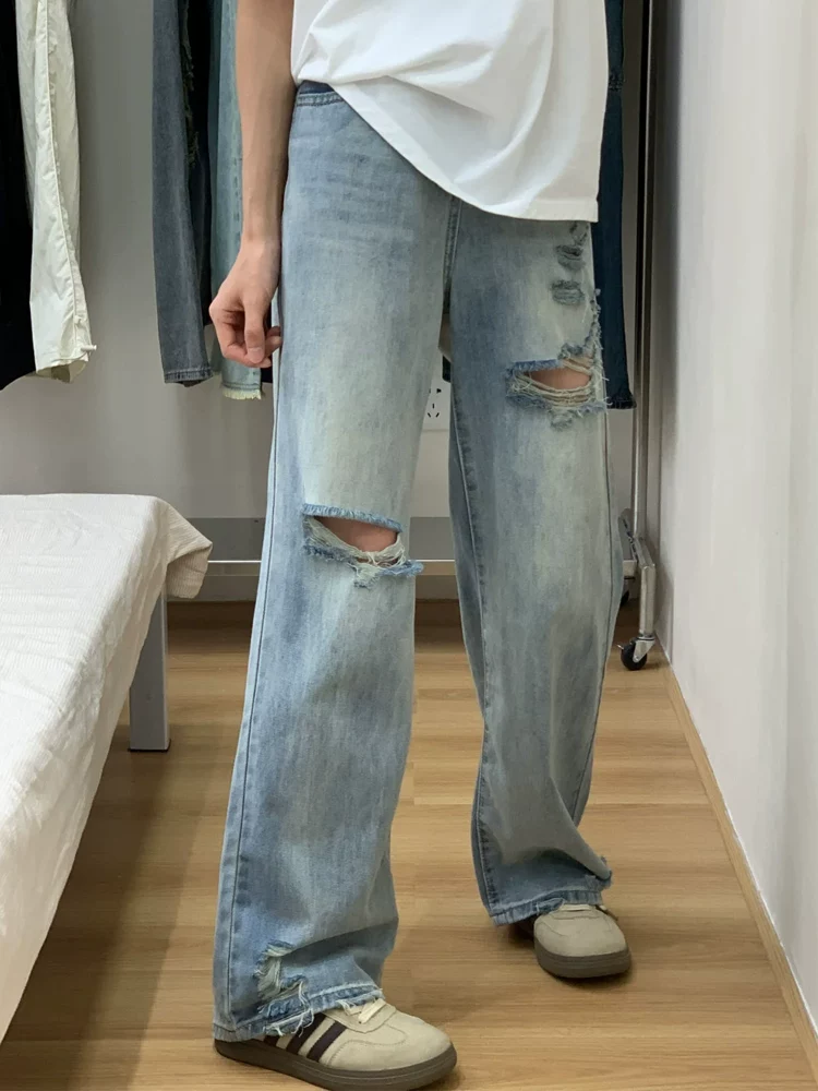 Quần jean xanh vintage rách gối dáng thẳng dành cho nữ, kiểu dáng mùa hè mới, size lớn, dáng quả lê, cạp cao, quần ống rộng tôn dáng