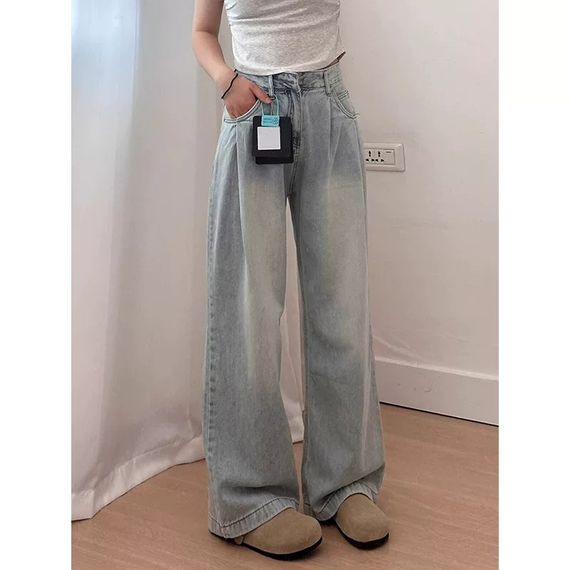 Quần jean ống đứng màu xanh nhạt dành cho nữ, mùa thu, cỡ lớn, lưng cao, dáng rộng, tôn dáng, dáng quả lê, quần ống rộng, dài chạm sàn