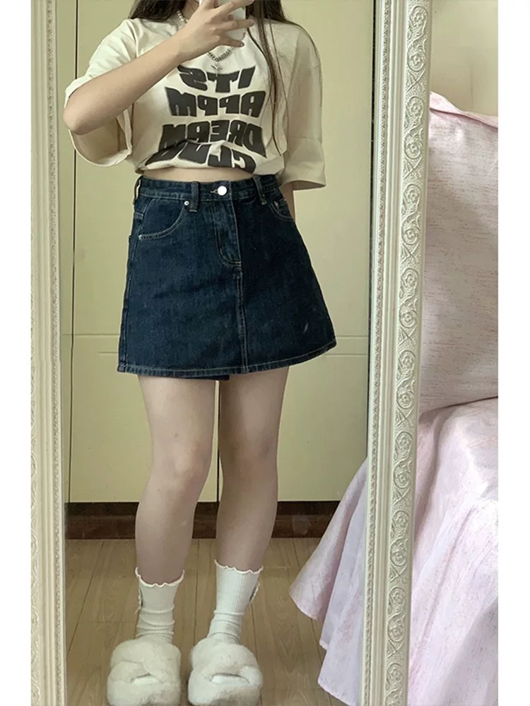 Thân hình quả lê, hơi mũm mĩm, mặc váy denim, size lớn mùa hè dành cho nữ, cạp cao, che bụng, quần váy chữ A thon gọn