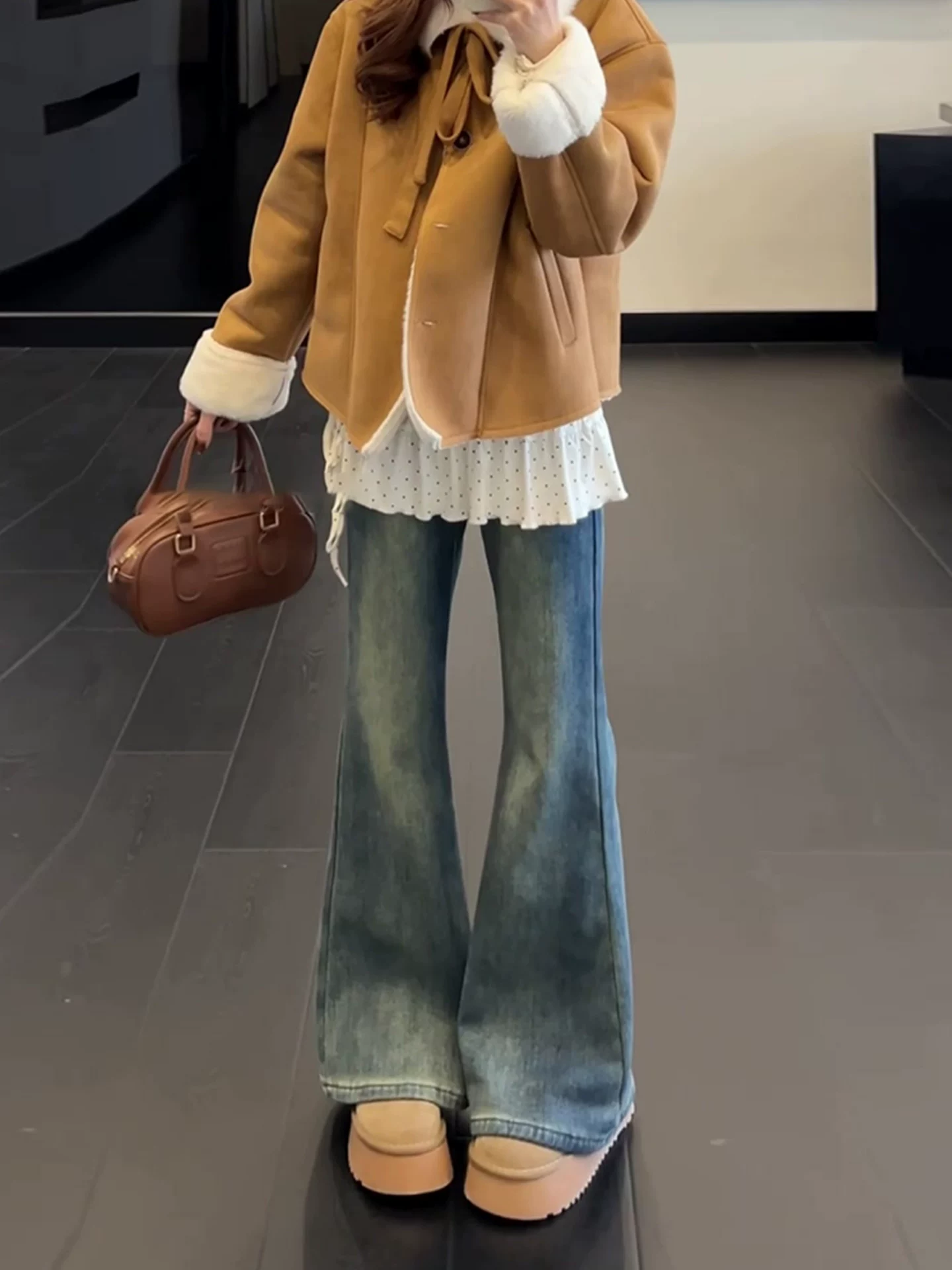 Quần jean ống đứng loe dành cho nữ, lót lông cừu mùa đông, dày dặn, cỡ lớn, cạp cao, co giãn, che hông, dáng quả lê, quần ống loe