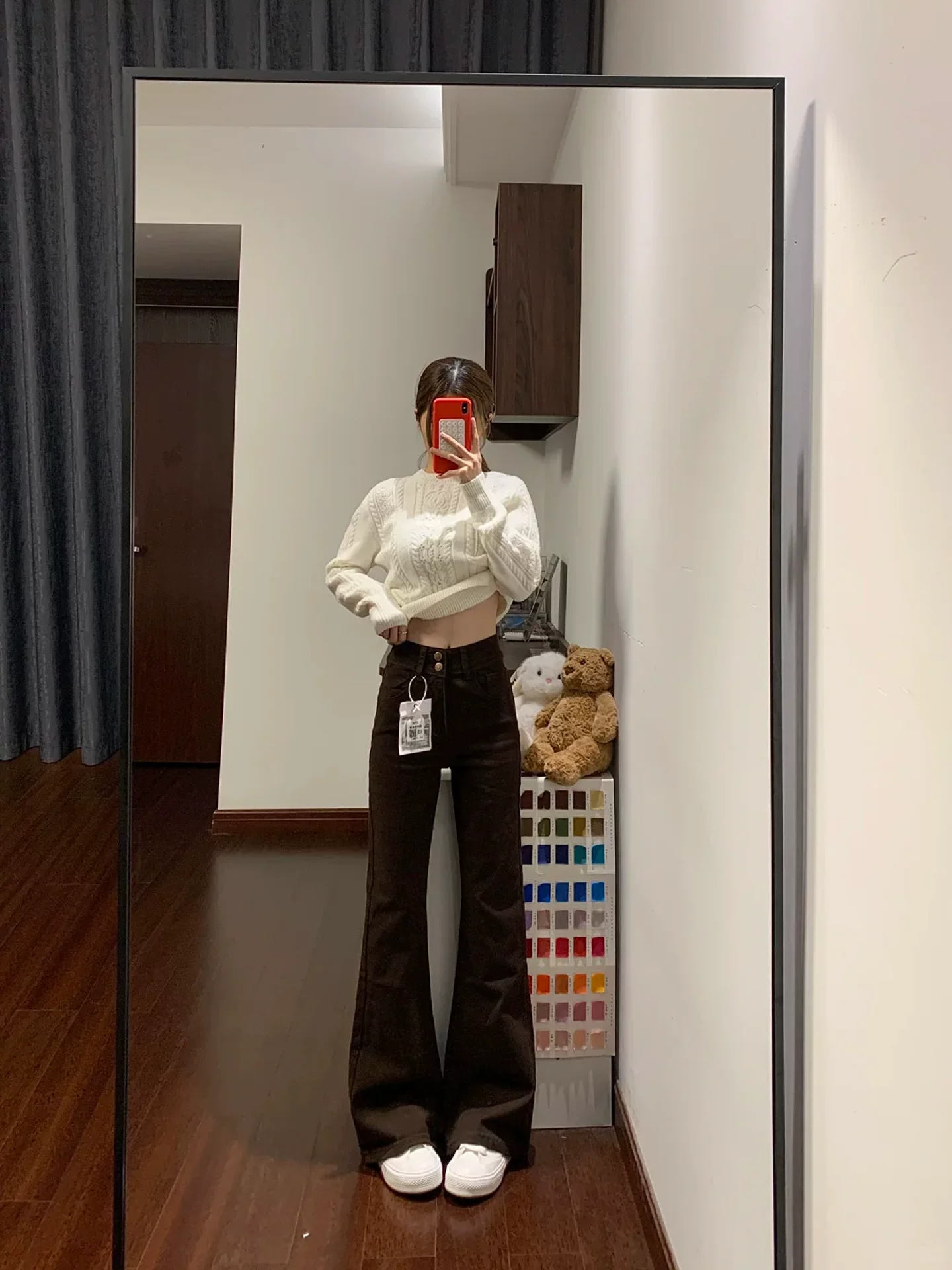 Quần jean ống loe màu cà phê Melard dành cho nữ, mùa thu đông, cỡ lớn, lưng cao, che bụng, giảm béo, quần ống loe lót lông cừu.