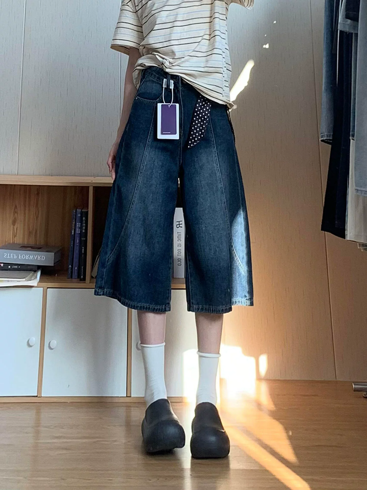 Quần denim crop kiểu retro Mỹ dành cho nữ, size lớn mùa hè, cạp cao, dáng rộng, tôn dáng, quần ống rộng dài đến giữa bắp chân.