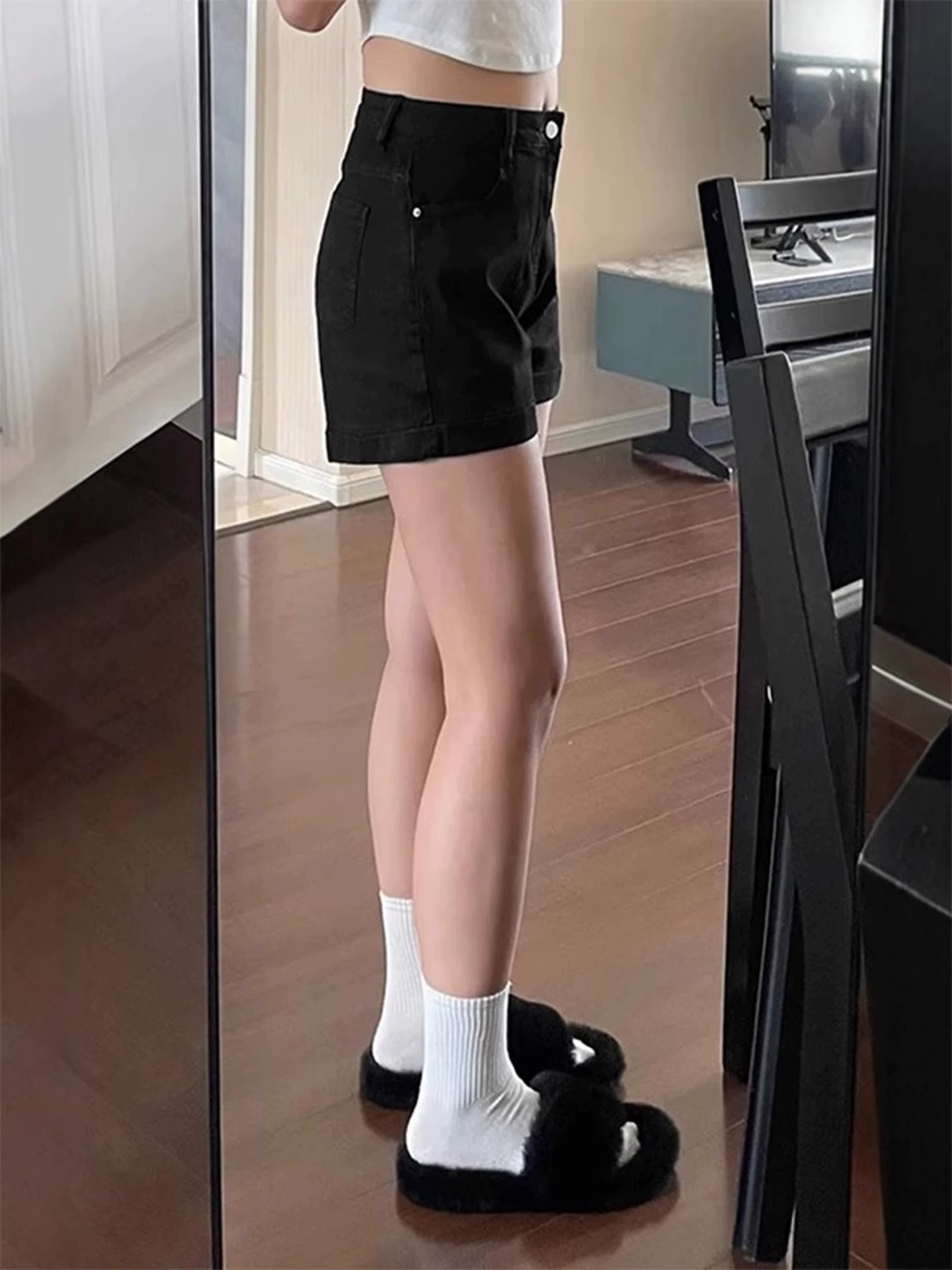 Quần short denim chữ A lưng cao màu đen dành cho nữ, cỡ lớn mùa hè, che bụng, giảm béo, dáng quả lê, quần ống rộng co giãn