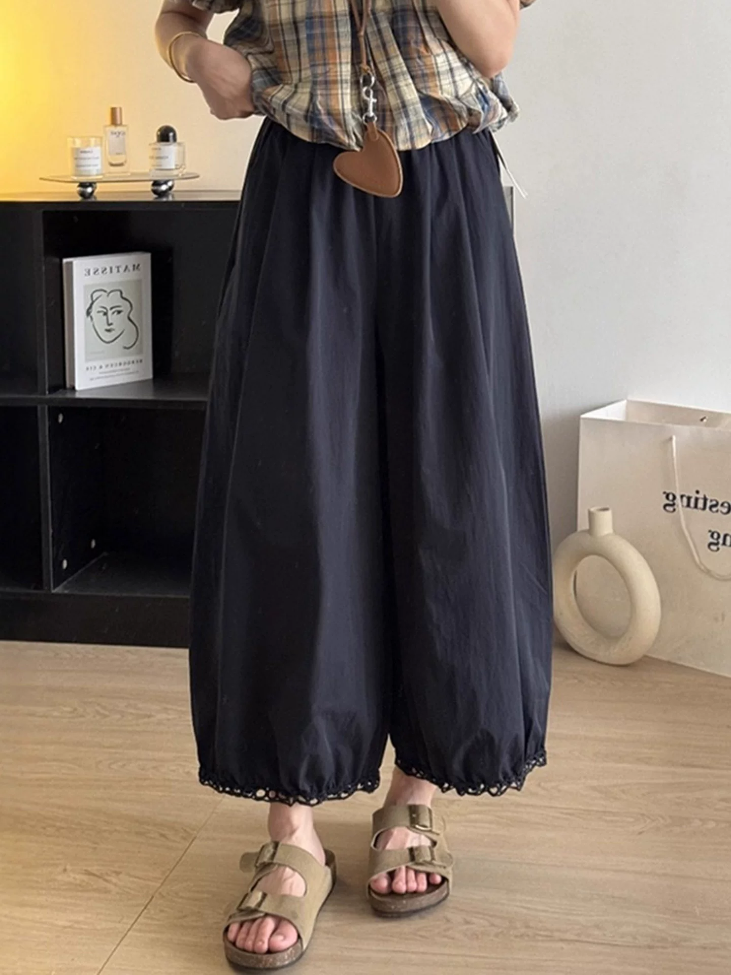 Quần đèn lồng thường ngày màu xanh hải quân dành cho nữ, kiểu dáng mỏng mùa hè, cỡ lớn, lưng cao, dáng rộng, dáng suông, quần ống rộng kiểu dáng rộng.