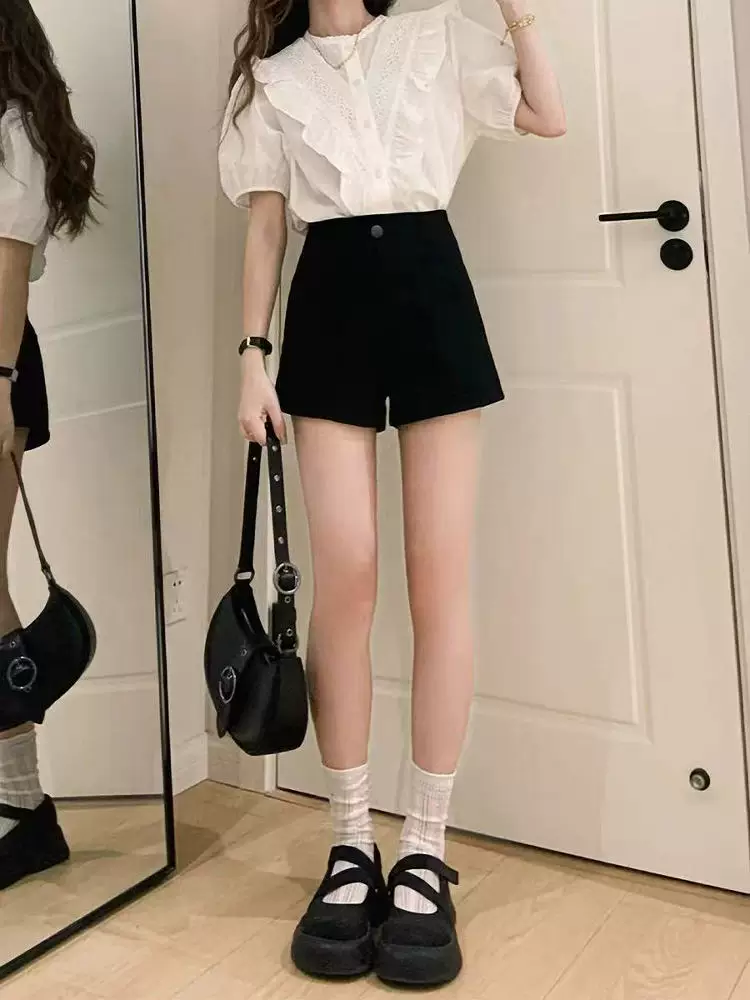 Quần short denim đen dáng quả lê dành cho nữ, size lớn mùa hè, lưng cao, co giãn, che hông, quần bó sát nâng mông chữ A