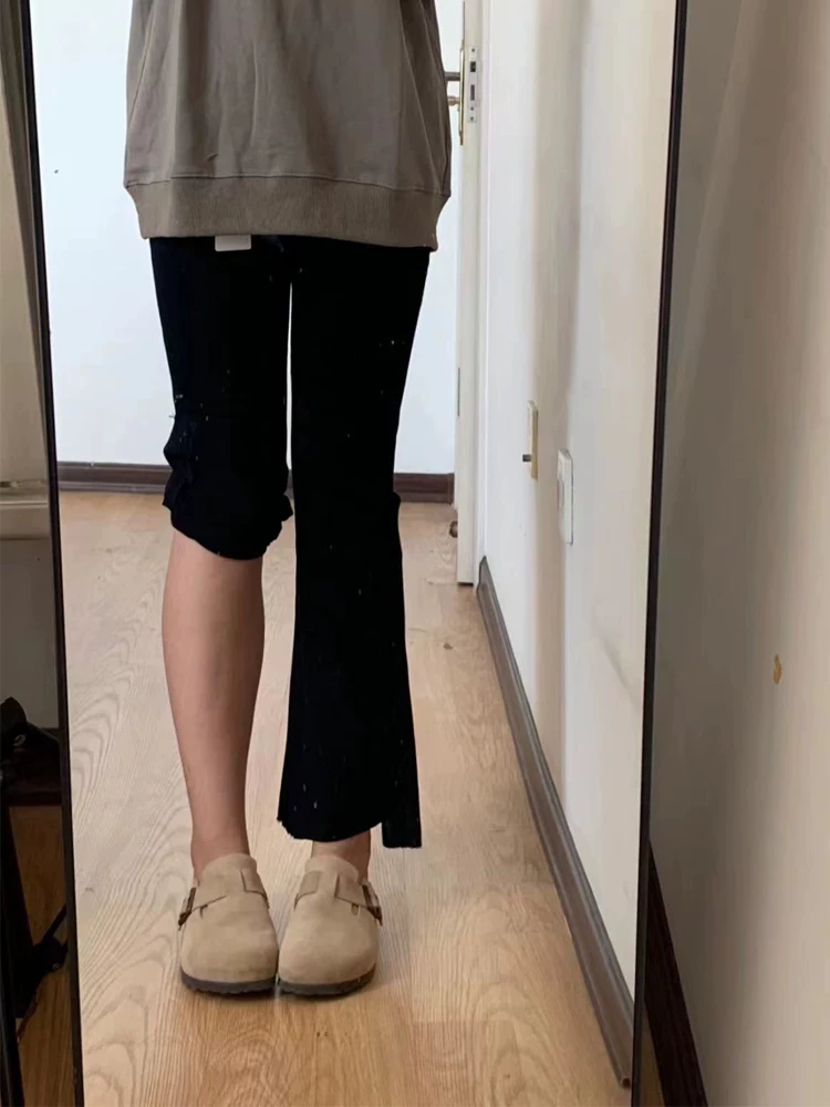 Quần jean dáng quả lê không đều cho phụ nữ cỡ lớn, phong cách đầu thu, lưng cao, co giãn, che hông, giảm béo, quần ống loe nhỏ nhắn