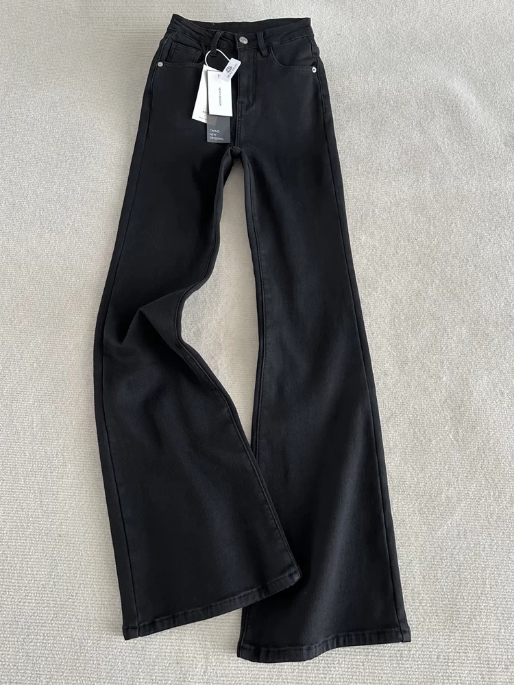 Quần jean ống loe dày lót lông cừu màu đen dành cho nữ, mùa thu đông, cỡ lớn, lưng cao, che hông, giảm béo, quần ống loe co giãn.