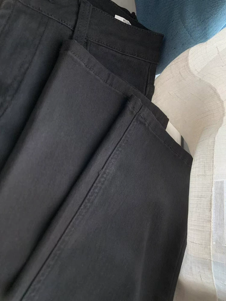 Quần jean ống đứng màu đen dành cho nữ có thân hình quả lê, lót lông cừu mùa thu đông, cỡ lớn, cạp cao, quần thuốc lá thon gọn