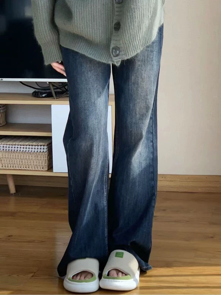 Quần jean bootcut màu xanh cổ điển dành cho nữ, cỡ lớn mùa đông, quần dài rộng ống rộng, cạp cao, dáng rộng, tôn dáng, dài chấm đất, thích hợp cho đầu xuân