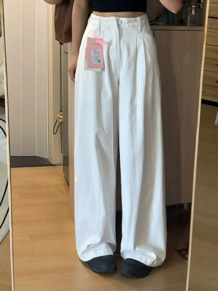 Quần jean ống đứng màu trắng có họa tiết dành cho nữ, mùa hè, cỡ lớn, hông rộng, chân dày, eo cao, giảm béo, dáng quả lê, quần ống rộng