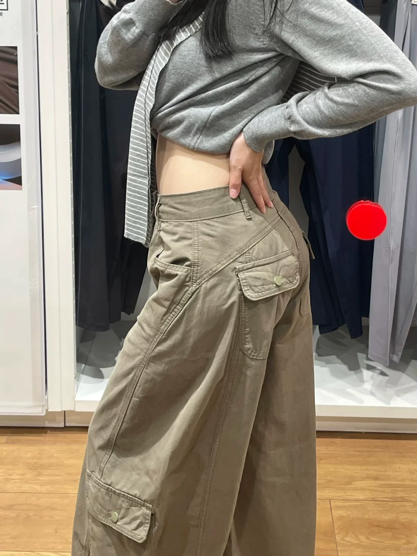 Quần cargo kiểu scimitar của Mỹ dành cho nữ, mùa thu, cỡ lớn, lưng cao, dáng rộng, giảm béo, dáng quả lê, quần ống rộng thông thường