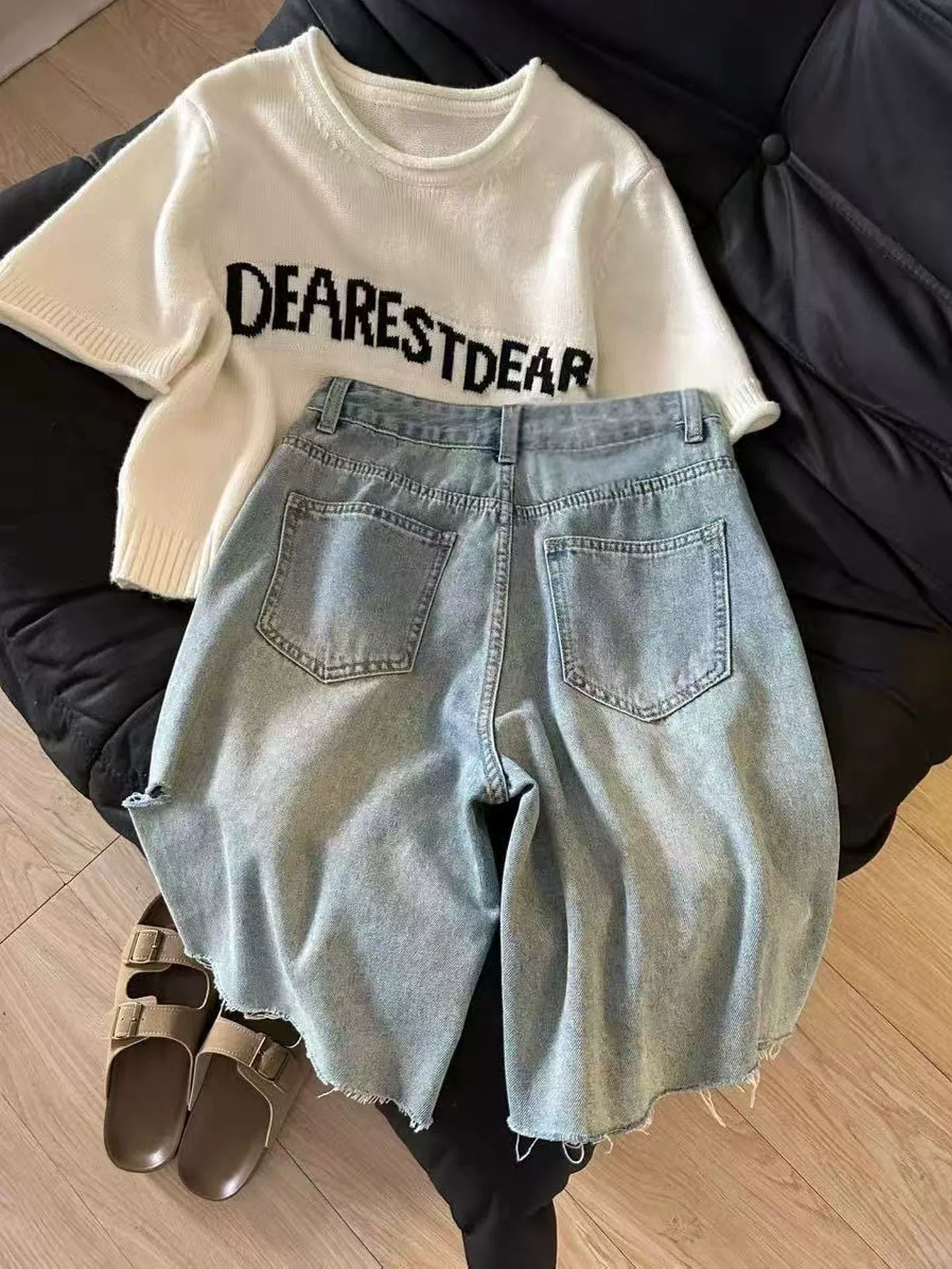 Quần short denim rách cho nữ, kiểu mới hè 2025, size lớn, cạp cao, dáng rộng, tôn dáng, ống thẳng, ống rộng, dài đến đầu gối.