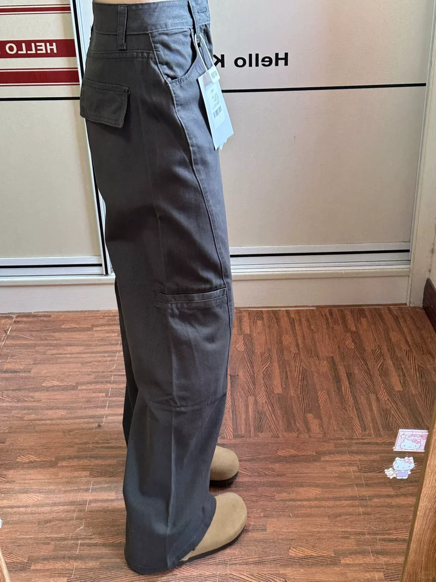 Quần cargo màu xám thường ngày dành cho nữ, mùa thu, cỡ lớn, lưng cao, dáng rộng, che hông, giảm béo, dáng quả lê, quần ống rộng